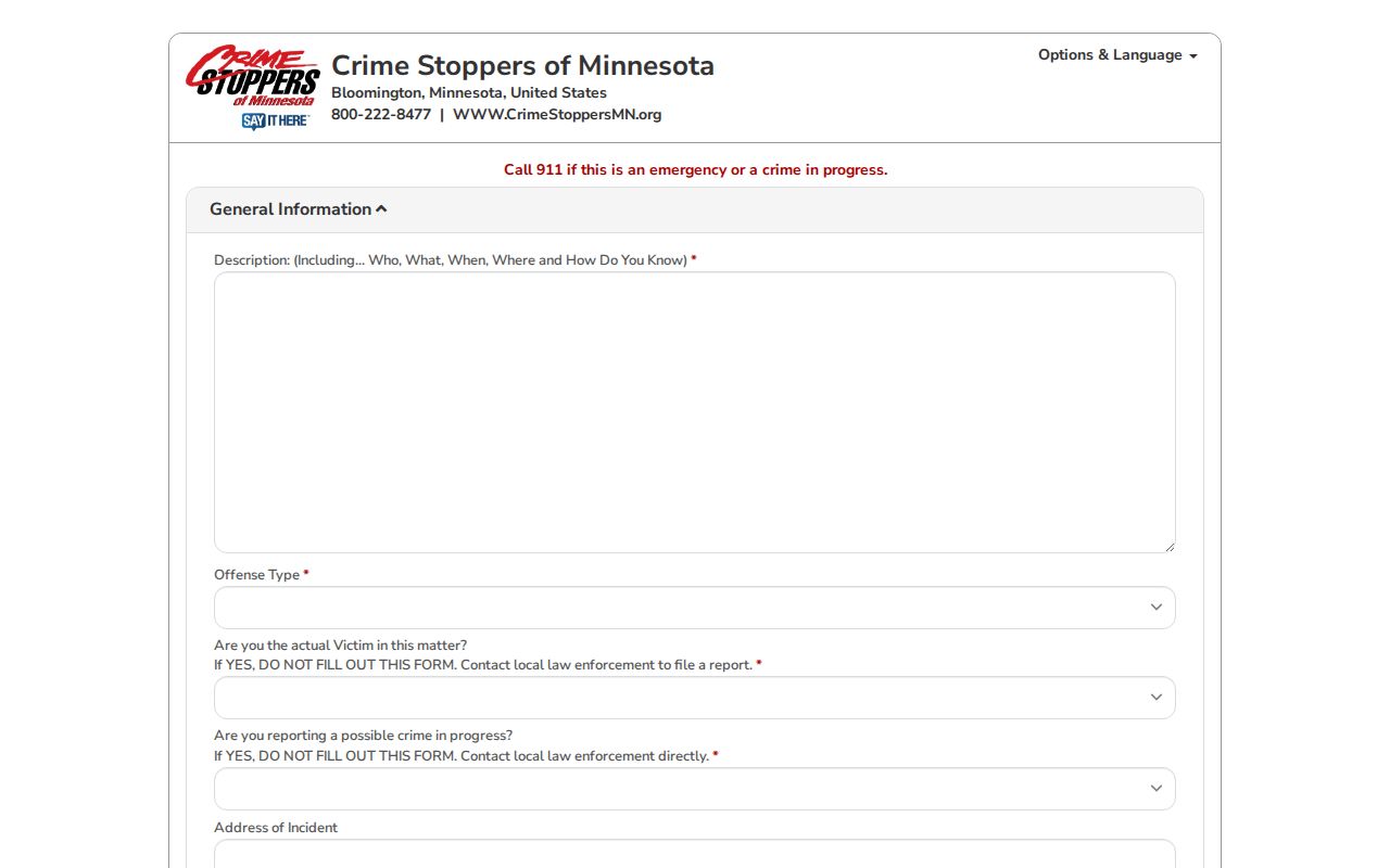 Freeborn County warrant-tip form for CrimeStoppers reports