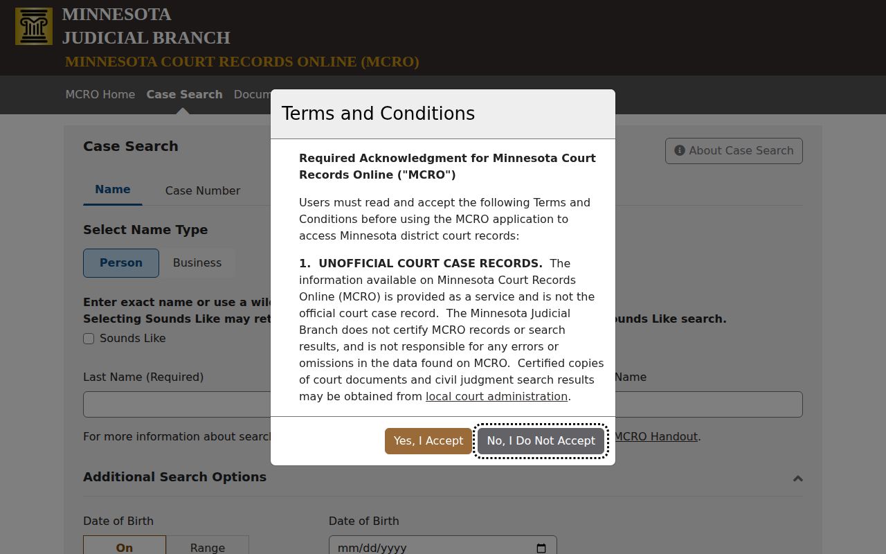 Freeborn County court record search form for booking disposition follow-through